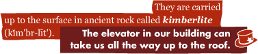 They are carried up to the surface in ancient rock called kimberlite (kim'br-lit'): The elevator in our building can take us all the way up to the roof.